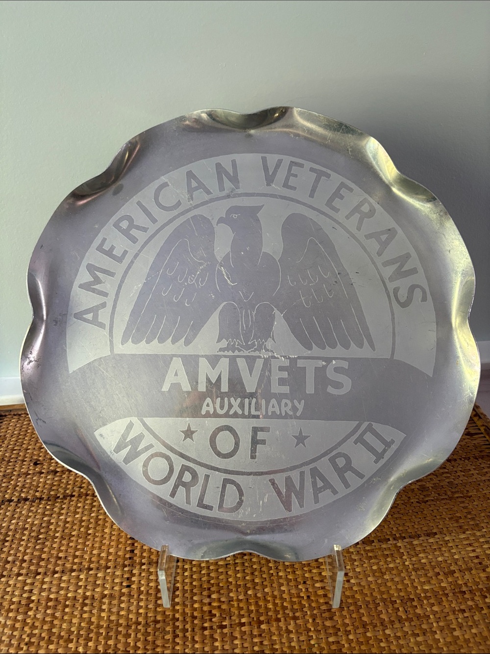 Rare AMVETS American Veterans WWII Decorative Aluminum Metal Platter or Bar Tray